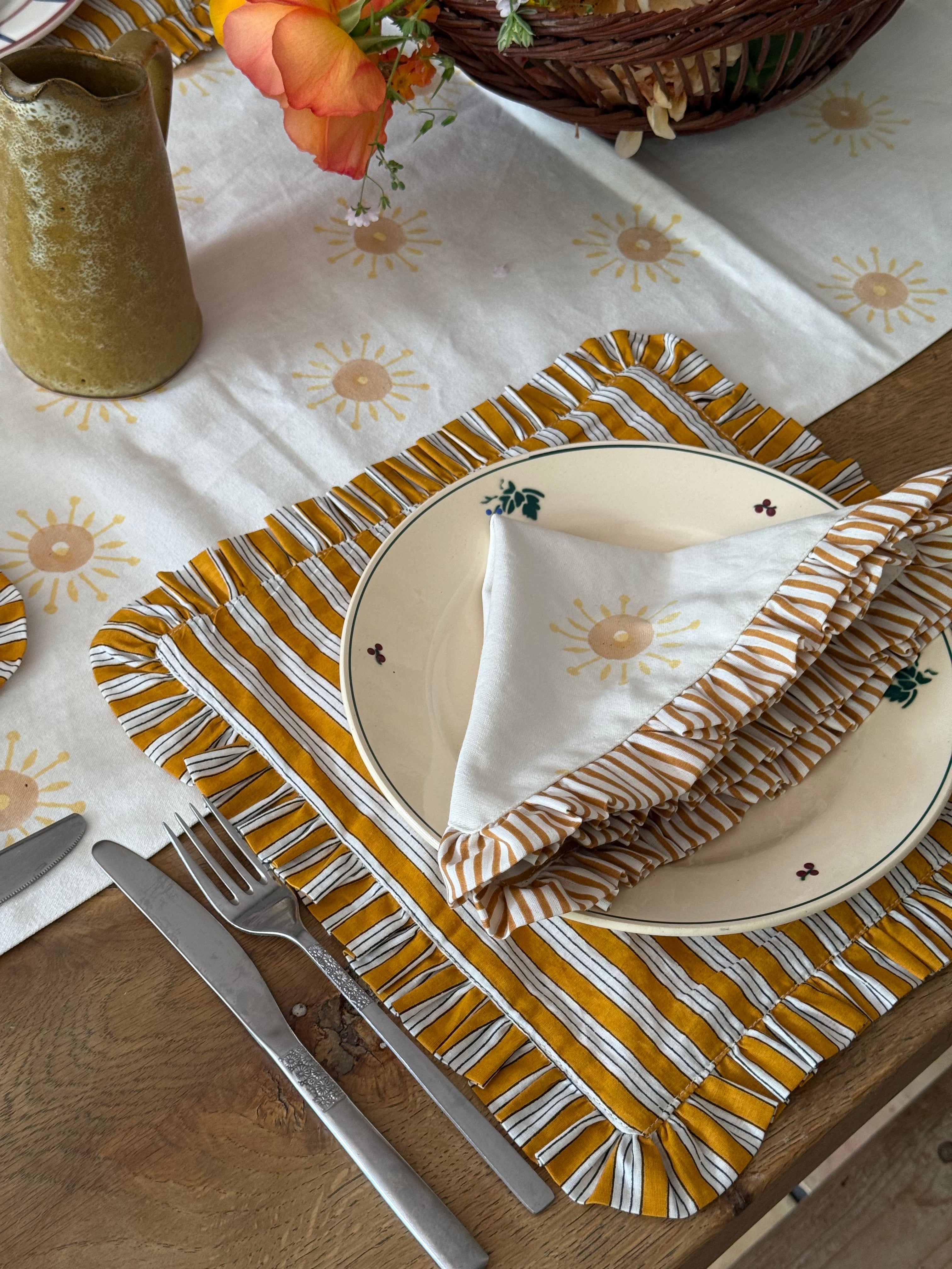 Rise & Sun Napkin/Placemat in Naartjie Stripe - Handblocked 100% Cotton