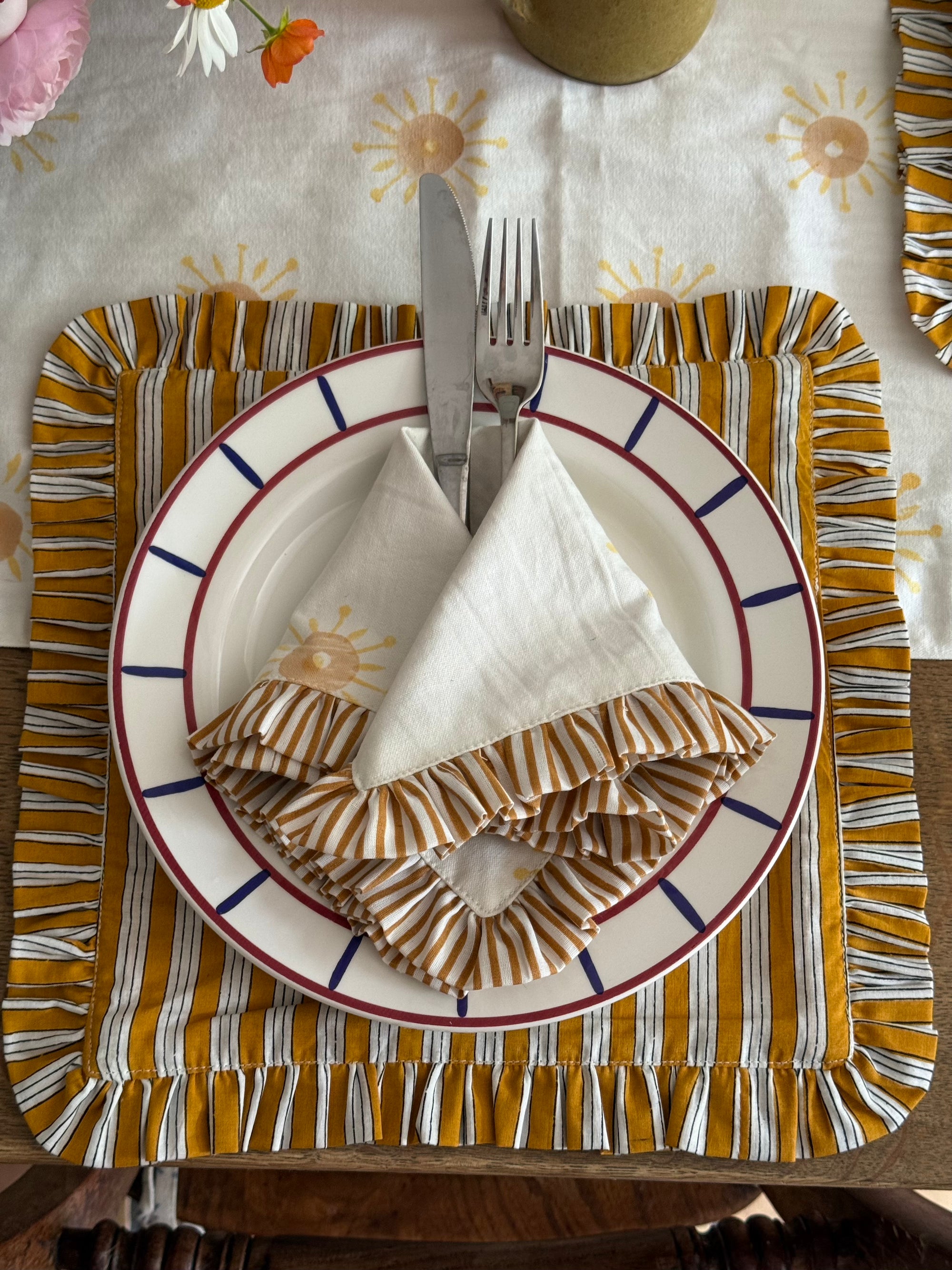 Rise & Sun Napkin/Placemat in Dawn Stripe Ruffle - Handblocked 100% Cotton