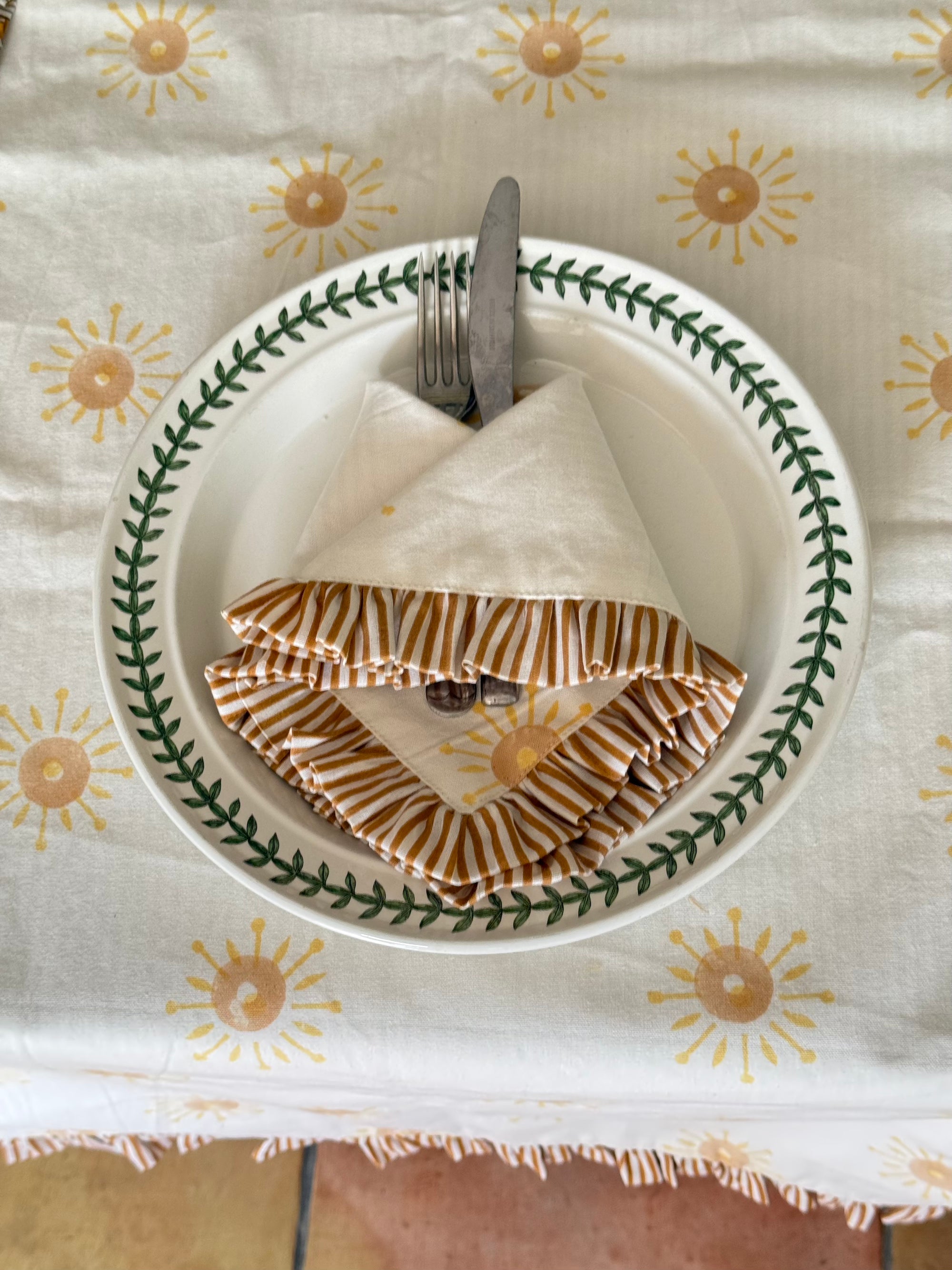 Rise & Sun Napkin/Placemat in Dawn Stripe Ruffle - Handblocked 100% Cotton