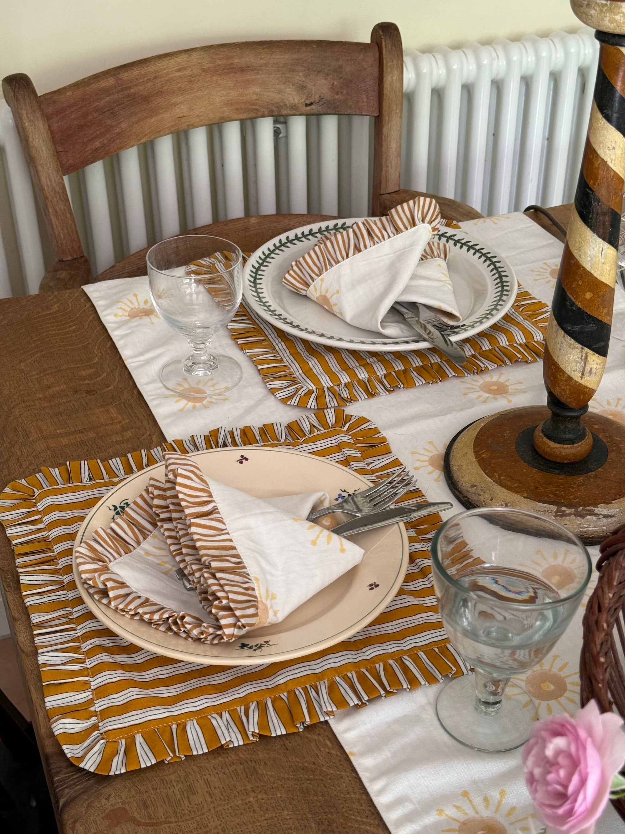 Rise & Sun Napkin/Placemat in Dawn Stripe Ruffle - Handblocked 100% Cotton